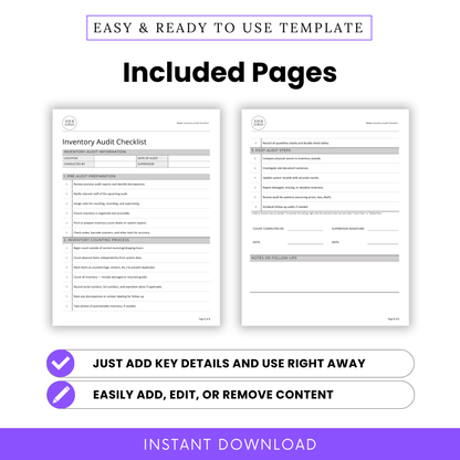 Preview of included pages in the Inventory Audit Checklist template, displaying the full two-page layout with space for pre-audit, counting process, post-audit review, and signature lines.
