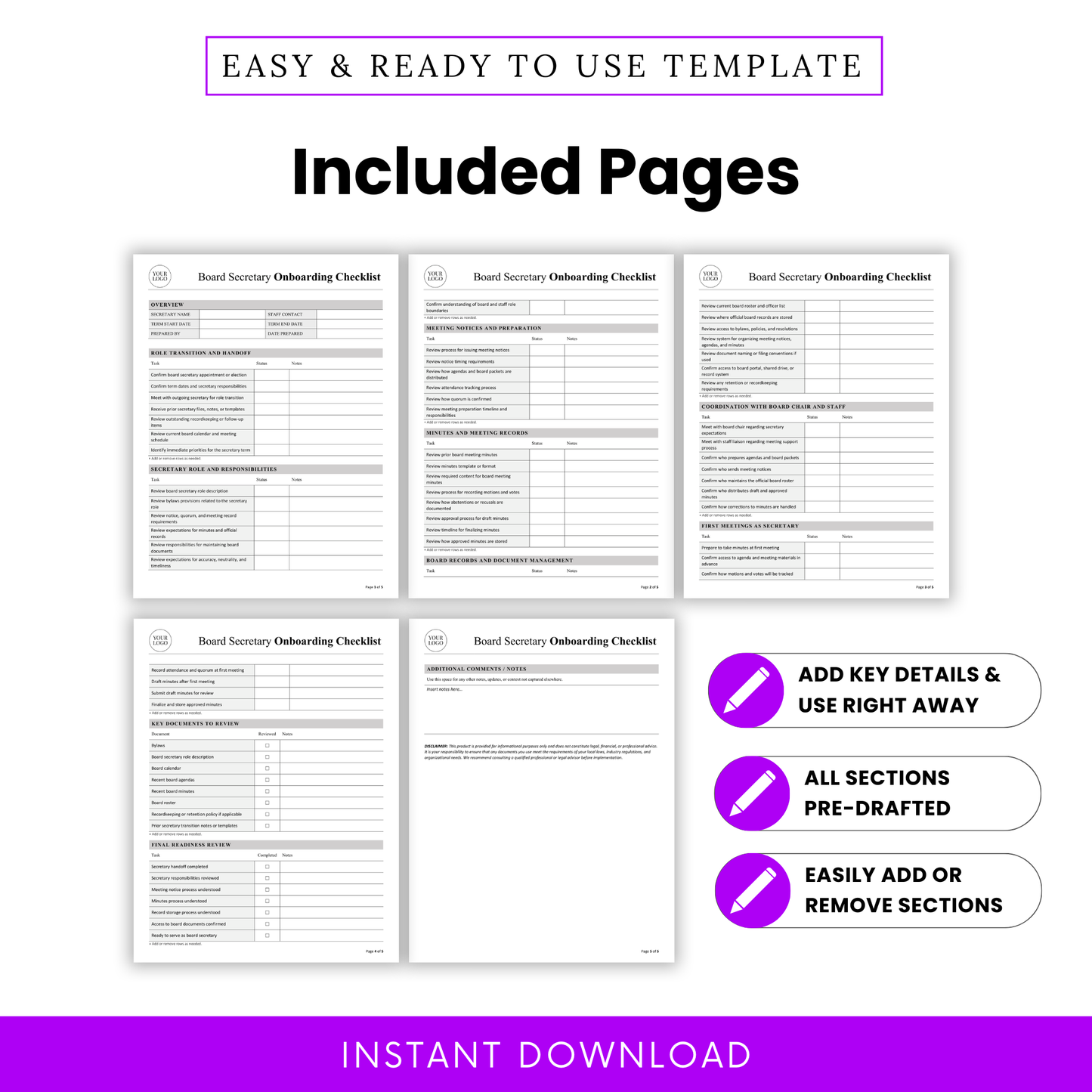 Preview of included pages in the nonprofit board secretary onboarding checklist template showing multiple editable checklist pages, pre-drafted sections, notes areas, and a clean professional layout for board governance and secretary transitions