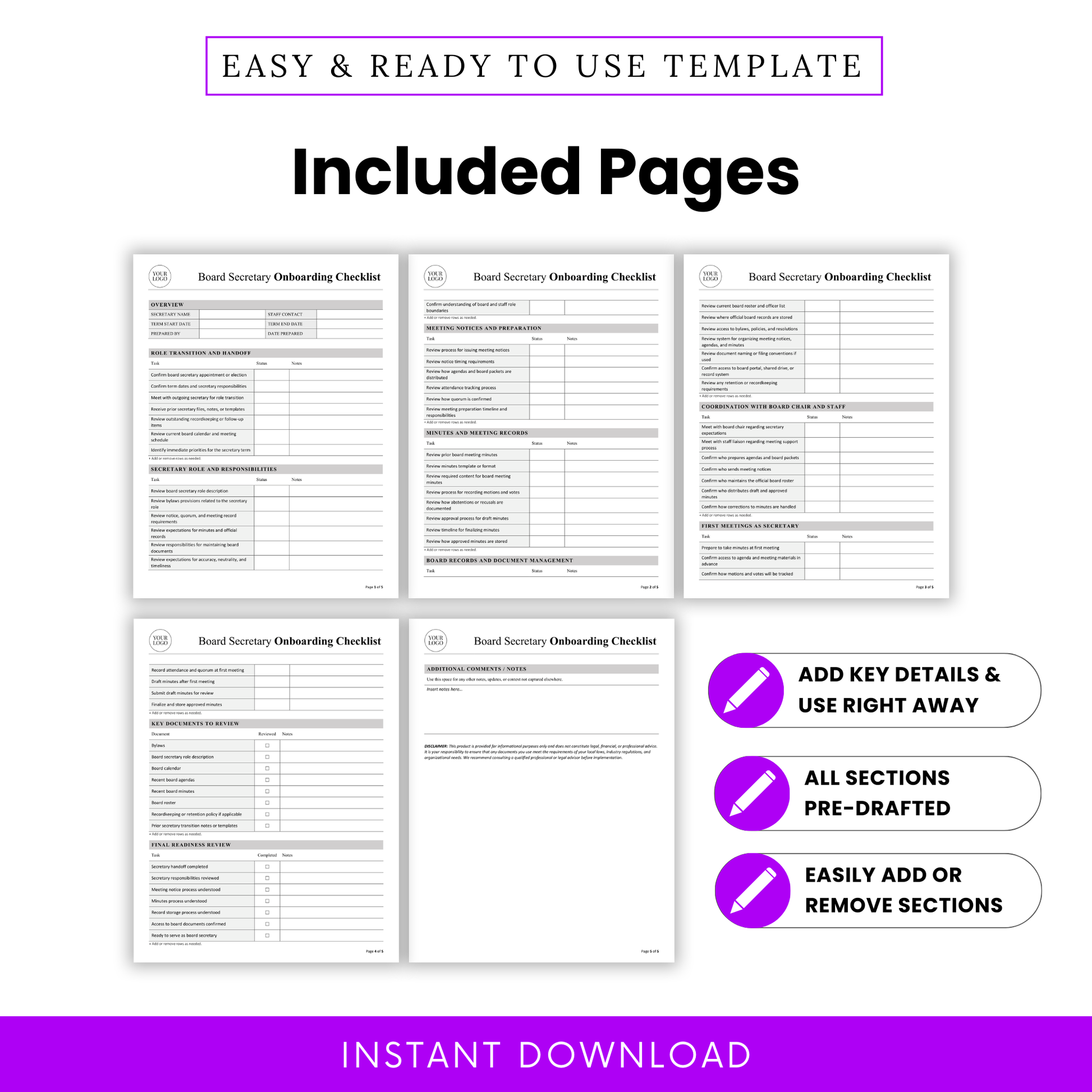 Preview of included pages in the nonprofit board secretary onboarding checklist template showing multiple editable checklist pages, pre-drafted sections, notes areas, and a clean professional layout for board governance and secretary transitions