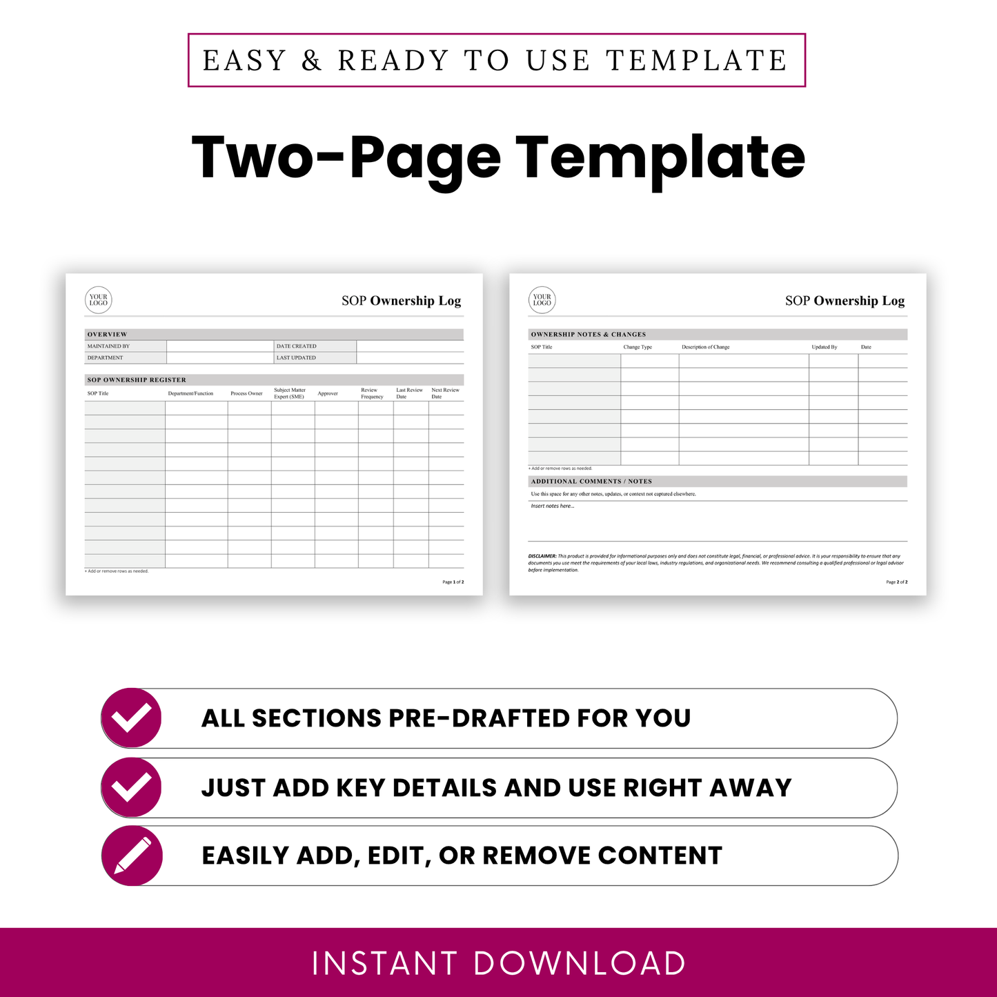 Two-page SOP ownership log template preview displaying structured overview section, SOP register table, and ownership notes layout for organized documentation