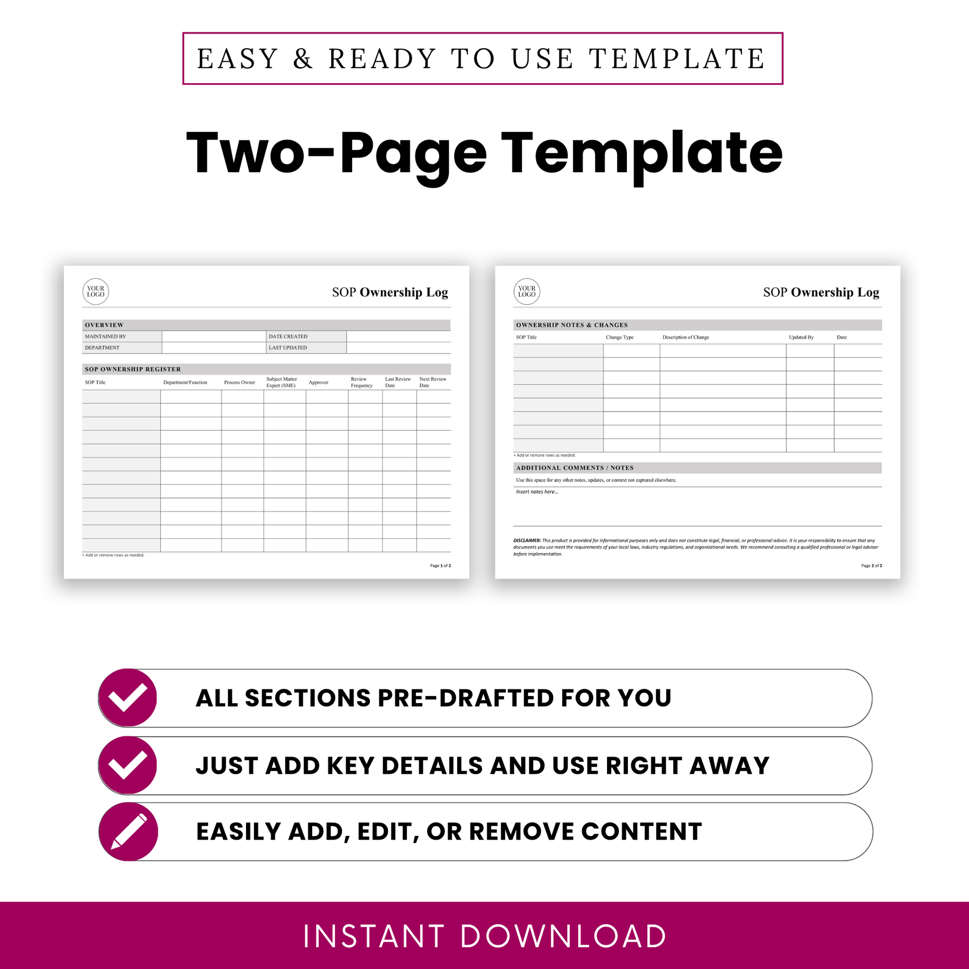 Two-page SOP ownership log template preview displaying structured overview section, SOP register table, and ownership notes layout for organized documentation
