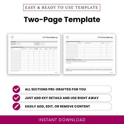 Two-page SOP ownership log template preview displaying structured overview section, SOP register table, and ownership notes layout for organized documentation