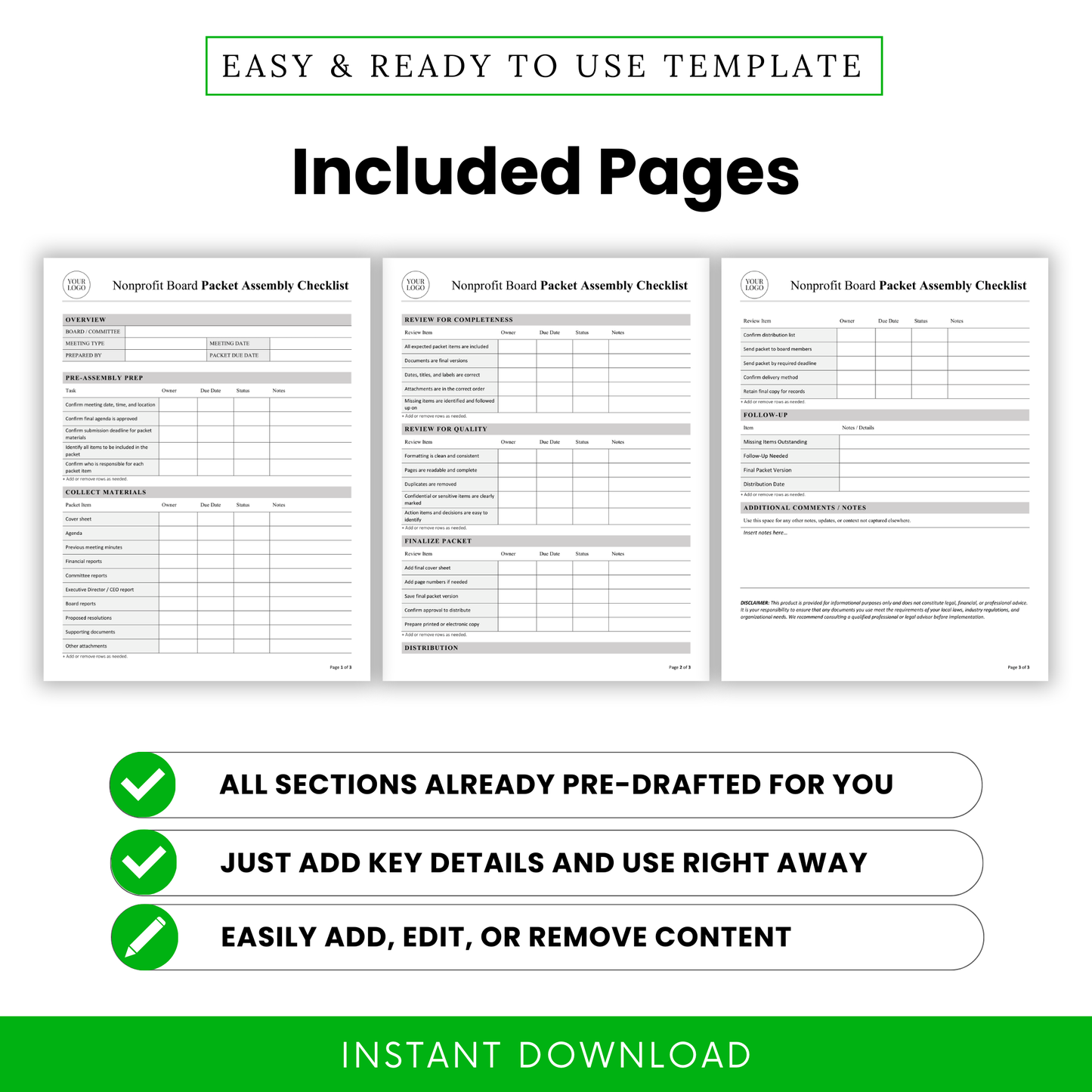 Included pages preview for the Nonprofit Board Packet Assembly Checklist template, showing three checklist pages and callouts that all sections are pre-drafted, easy to use, and simple to edit or customize.