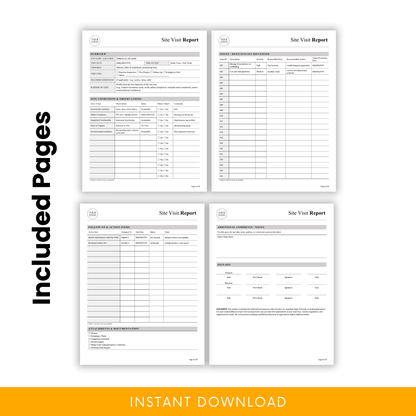 Site visit report template pages preview showing overview section, site conditions checklist, issues log, follow-up action items, attachments, and sign-off page for construction documentation