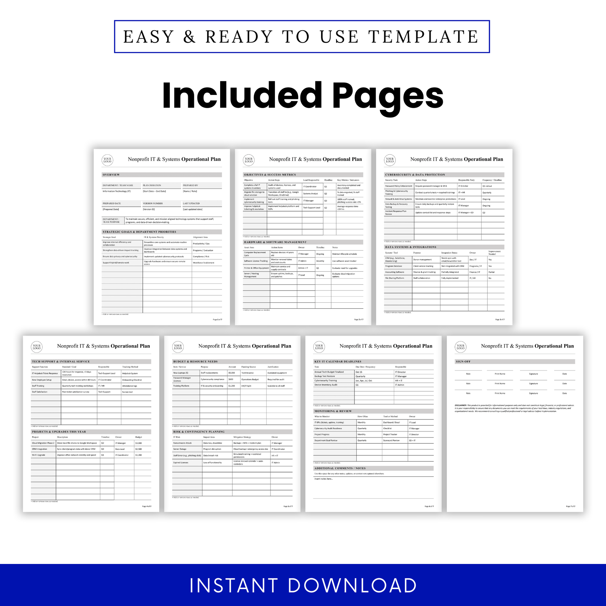 Nonprofit IT operational plan template preview showing multiple pages including overview, objectives, cybersecurity plan, data systems, budget, risk planning, and monitoring sections in a professional printable layout