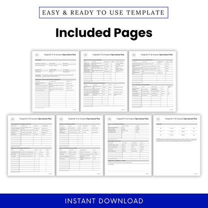 Nonprofit IT operational plan template preview showing multiple pages including overview, objectives, cybersecurity plan, data systems, budget, risk planning, and monitoring sections in a professional printable layout