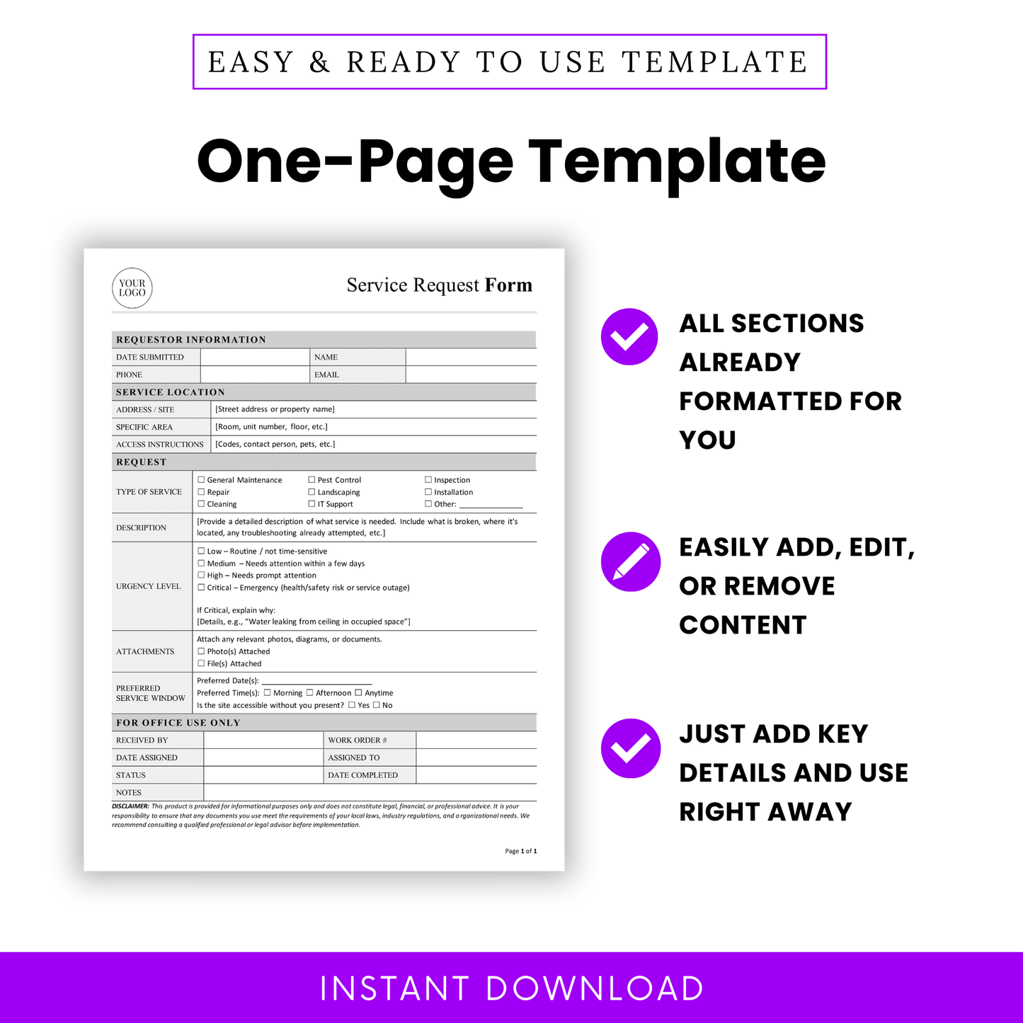 One page service request form template with structured sections, easy to edit Word document, printable PDF, professional layout for offices, property management, and service tracking