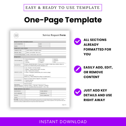 One page service request form template with structured sections, easy to edit Word document, printable PDF, professional layout for offices, property management, and service tracking