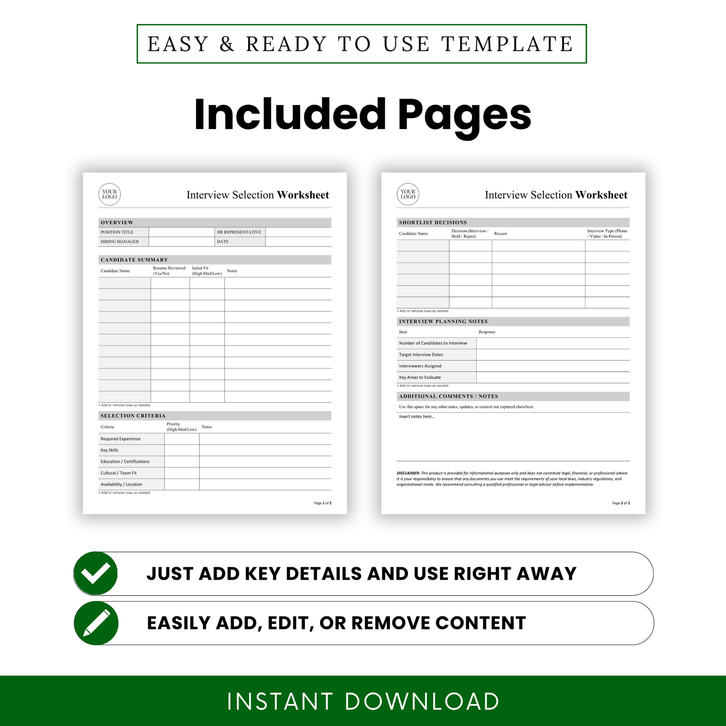Interview selection worksheet two-page layout preview including candidate summary table, selection criteria checklist, shortlist decisions section, and interview planning notes for hiring process organization