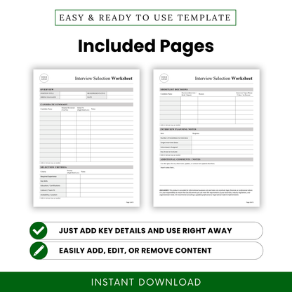 Interview selection worksheet two-page layout preview including candidate summary table, selection criteria checklist, shortlist decisions section, and interview planning notes for hiring process organization