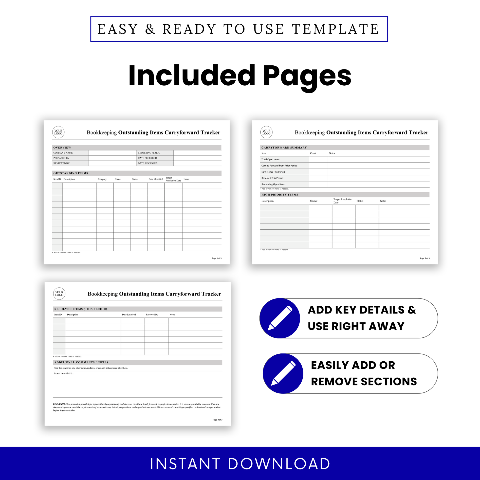 Bookkeeping outstanding items tracker template showing three included pages with overview section, outstanding items table, carryforward summary, high priority items, resolved items, and notes sections