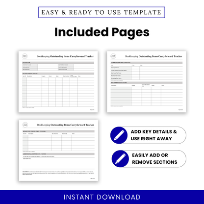 Bookkeeping outstanding items tracker template showing three included pages with overview section, outstanding items table, carryforward summary, high priority items, resolved items, and notes sections