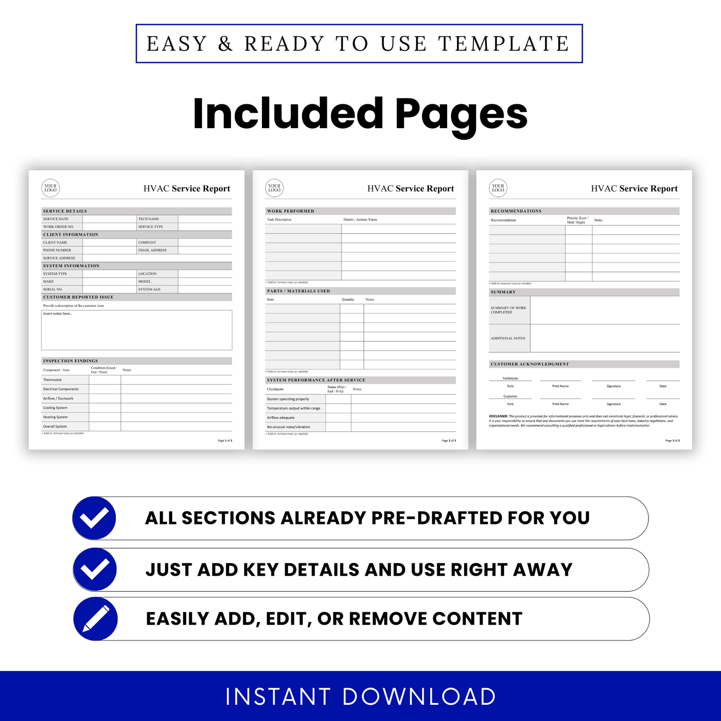 Editable HVAC Service Report Template PDF preview displaying all included pages in a clean, printable format. This HVAC report template is perfect for technicians and service teams needing organized documentation for inspections, work performed, and job tracking.