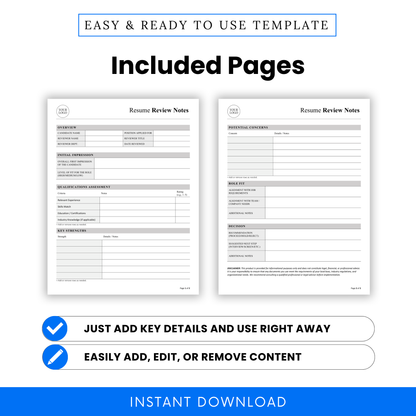 Resume review notes template pages preview including candidate overview, qualifications assessment, key strengths and concerns, hiring decision form, HR printable document for recruiters