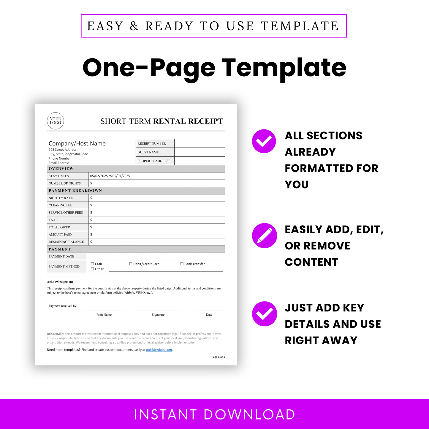 One-page short-term rental receipt template with a structured layout, allowing hosts to quickly enter guest details, stay dates, and payment information