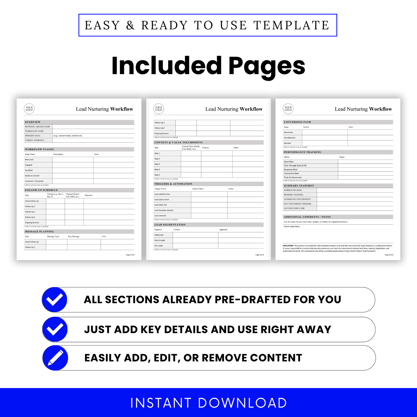 Preview of all pages included in this Lead Nurturing Workflow Template PDF and Word format, featuring structured layouts for workflow stages, automation, and tracking. This editable marketing workflow template helps businesses easily plan, execute, and monitor their lead nurturing strategies.