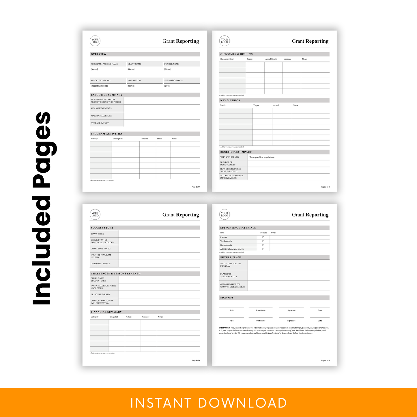 Editable Grant Reporting Template Word showing all included pages such as executive summary, outcomes, financials, and impact sections. This printable Grant Report Template is designed for nonprofits, grant managers, and organizations needing a complete reporting solution.
