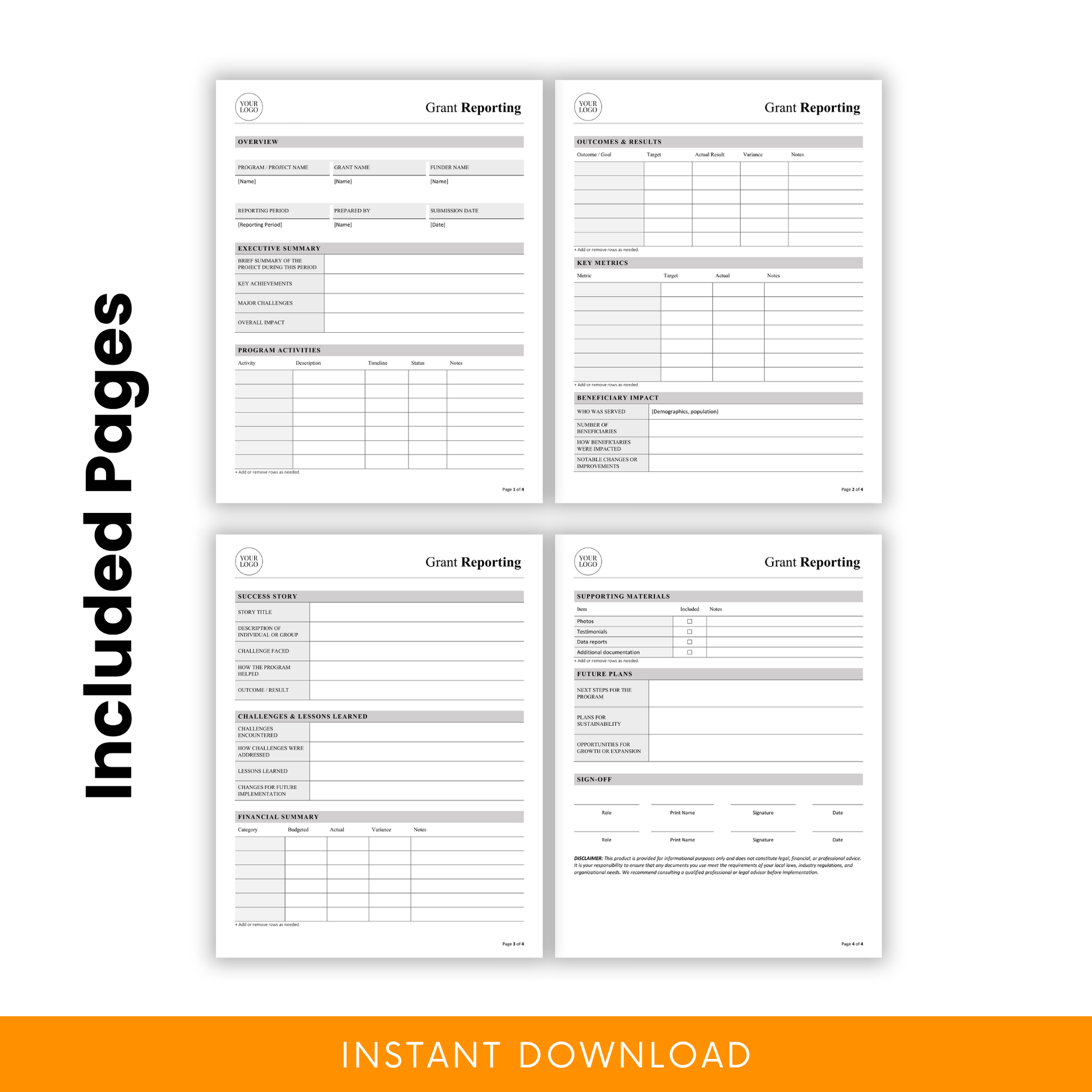 Editable Grant Reporting Template Word showing all included pages such as executive summary, outcomes, financials, and impact sections. This printable Grant Report Template is designed for nonprofits, grant managers, and organizations needing a complete reporting solution.
