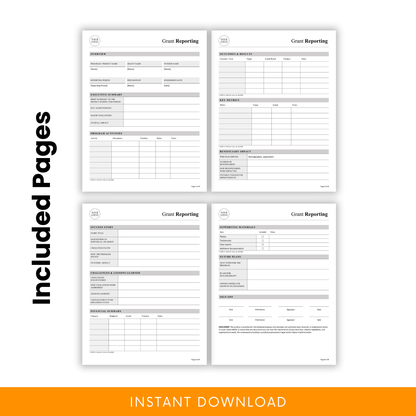 Editable Grant Reporting Template Word showing all included pages such as executive summary, outcomes, financials, and impact sections. This printable Grant Report Template is designed for nonprofits, grant managers, and organizations needing a complete reporting solution.