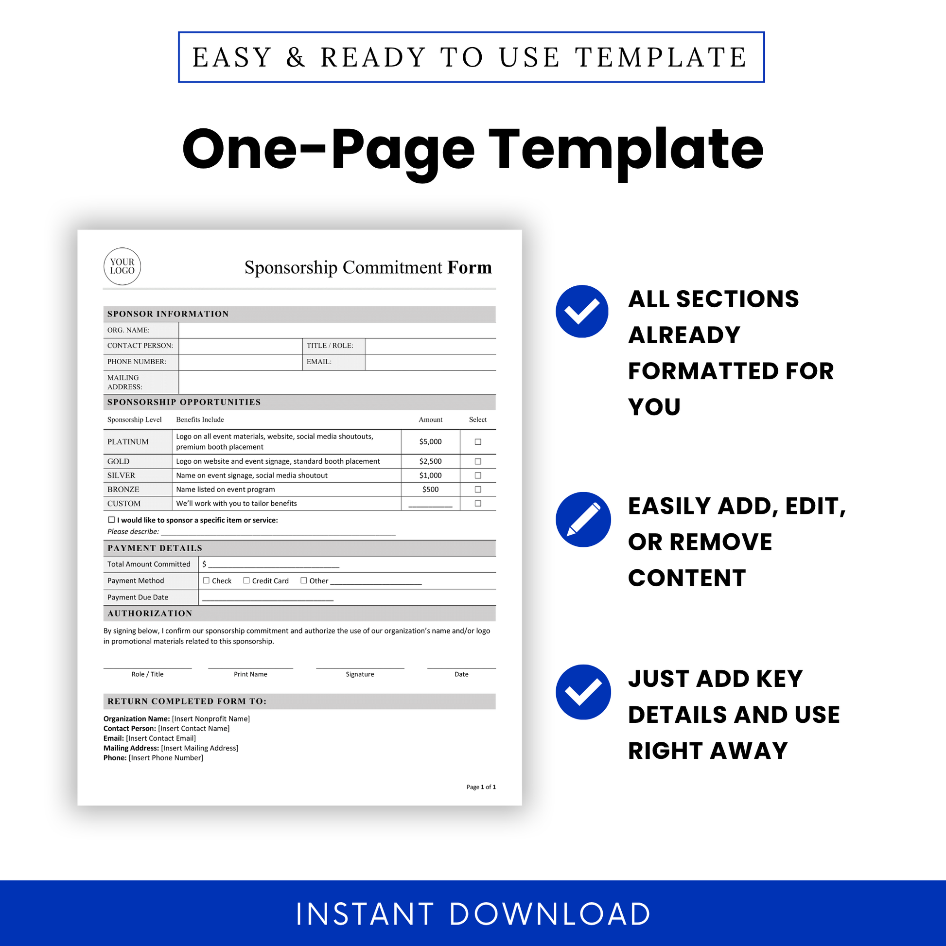 Editable Sponsorship Commitment Form Template Word shown as a one-page business template with fully formatted sections. This Sponsorship Commitment Form template is perfect for teams needing a printable, easy-to-use document for quick sponsor onboarding and event planning.