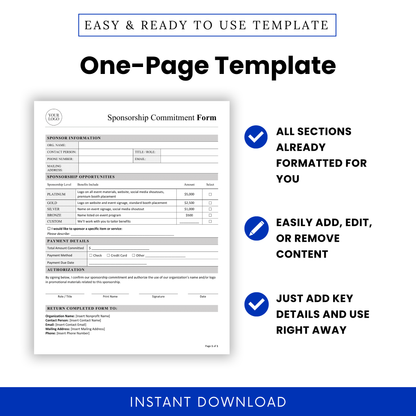 Editable Sponsorship Commitment Form Template Word shown as a one-page business template with fully formatted sections. This Sponsorship Commitment Form template is perfect for teams needing a printable, easy-to-use document for quick sponsor onboarding and event planning.