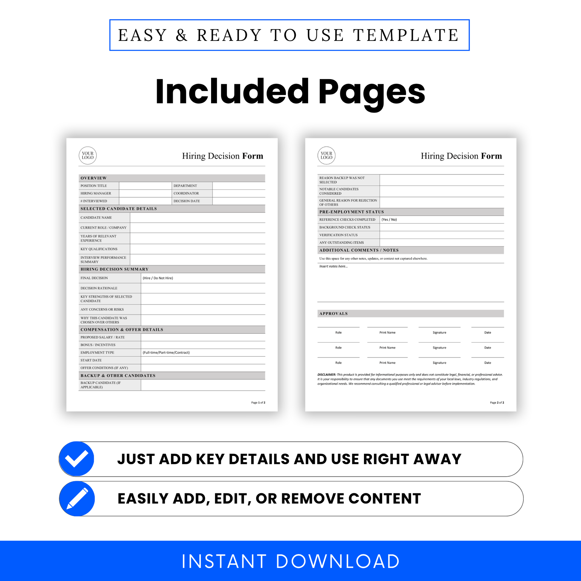 Editable Hiring Decision Form Template Word preview showing two structured pages with organized sections for candidate evaluation and hiring summaries. This printable Hiring Decision Form Template PDF is designed for HR professionals and teams managing recruitment workflows.