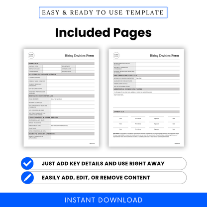 Editable Hiring Decision Form Template Word preview showing two structured pages with organized sections for candidate evaluation and hiring summaries. This printable Hiring Decision Form Template PDF is designed for HR professionals and teams managing recruitment workflows.