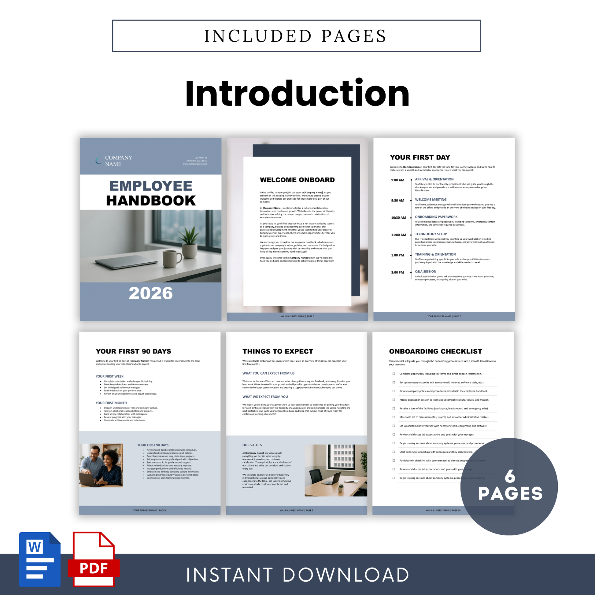 Employee handbook introduction pages including welcome message, onboarding schedule, and first 90 days plan, modern HR document template for new hires