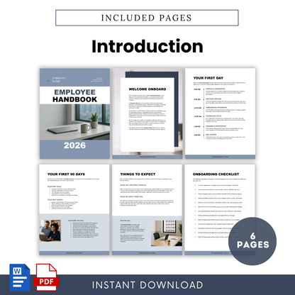 Employee handbook introduction pages including welcome message, onboarding schedule, and first 90 days plan, modern HR document template for new hires