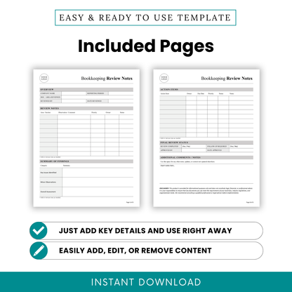 Two-page bookkeeping review notes template preview showing overview, review notes table, summary of findings, action items tracker, and final review status sections in clean layout
