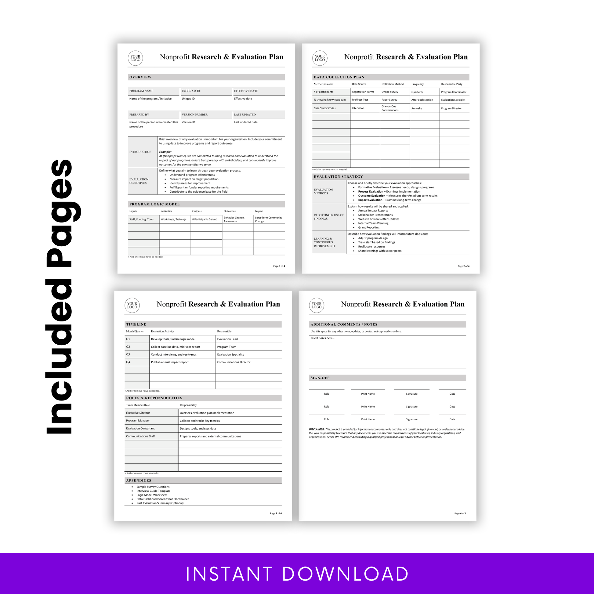Nonprofit research and evaluation plan template preview showing multiple pages including overview, data collection plan, evaluation strategy, timeline, roles and responsibilities, and sign-off sections in professional layout