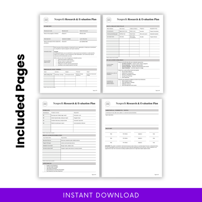 Nonprofit research and evaluation plan template preview showing multiple pages including overview, data collection plan, evaluation strategy, timeline, roles and responsibilities, and sign-off sections in professional layout