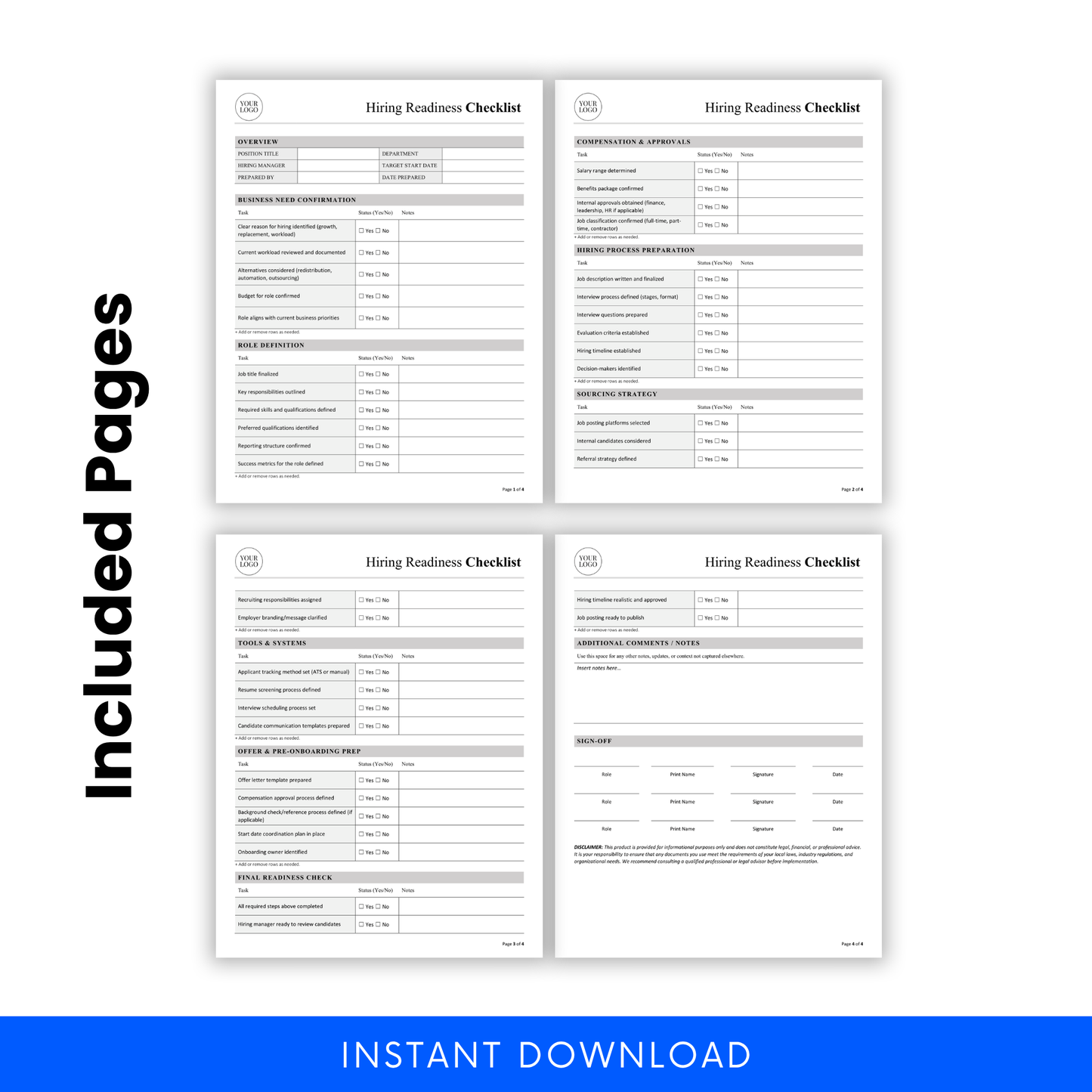 Hiring readiness checklist full template pages preview including HR planning sections, recruitment process tracker, onboarding preparation checklist, and hiring workflow document