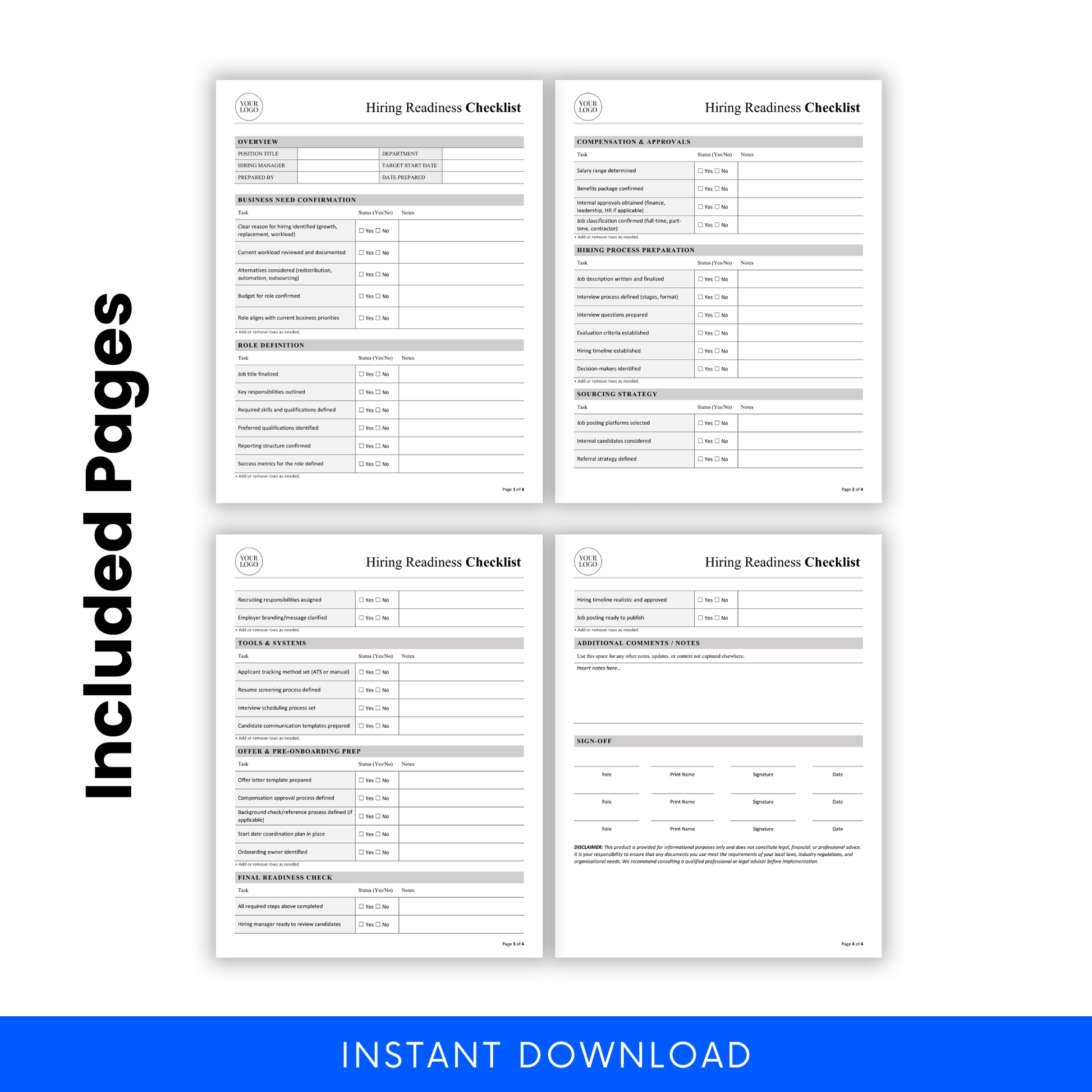 Hiring readiness checklist full template pages preview including HR planning sections, recruitment process tracker, onboarding preparation checklist, and hiring workflow document