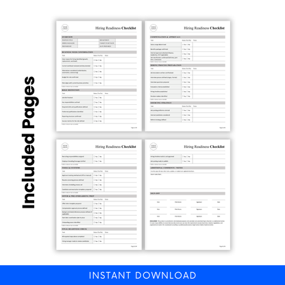 Hiring readiness checklist full template pages preview including HR planning sections, recruitment process tracker, onboarding preparation checklist, and hiring workflow document
