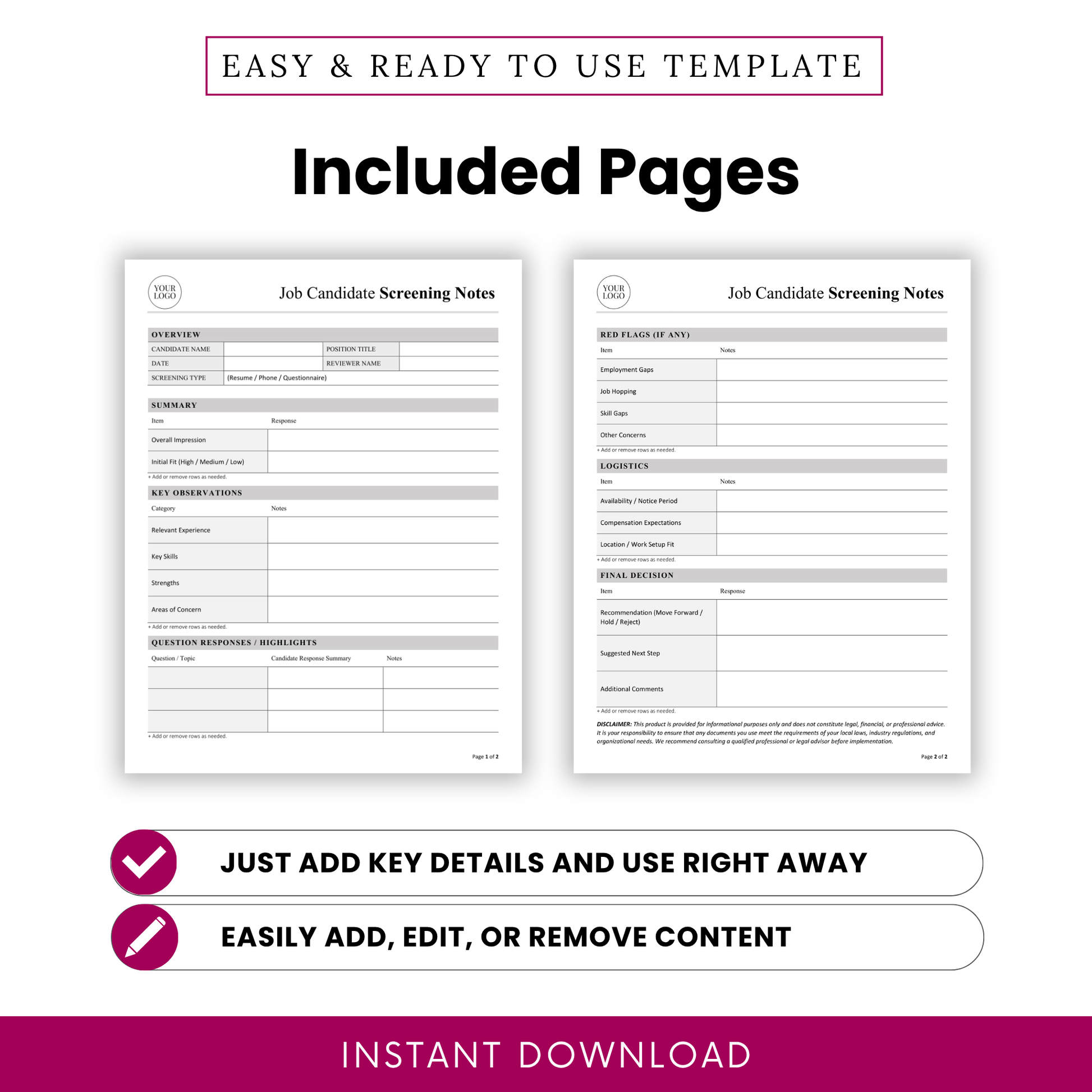 Two-page job candidate screening notes template preview displaying organized sections for candidate overview, summary, key observations, interview responses, red flags, logistics, and final hiring decision