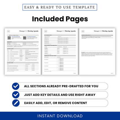 Manager 1 on 1 meeting agenda template pages preview showing three included pages with overview, agenda items, action items, key highlights, challenges, priorities for next week, and notes section in a modern editable business document layout
