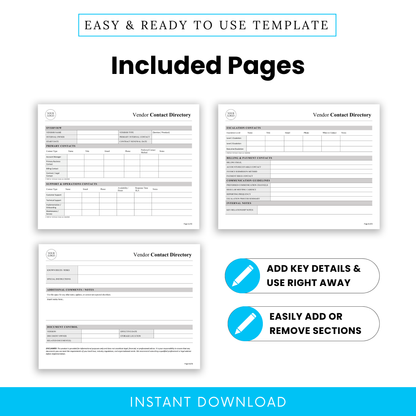Vendor Contact Directory Template Word preview showing all included pages in a clean, minimalist format for easy navigation and use. This editable Vendor Contact Directory Template is designed for professionals who need a structured, printable business template for managing vendor information.