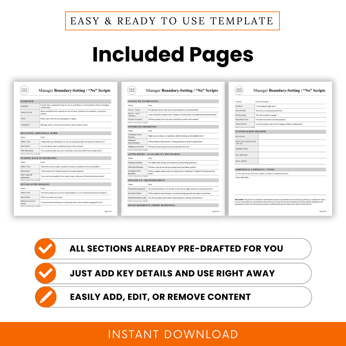 Manager boundary setting template pages preview showing scripts for declining work, pushing back on deadlines, meetings, priorities, and boundary setting examples for professionals