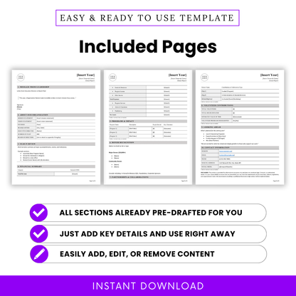Nonprofit annual report template pages preview showing multiple layouts including leadership message, financial summary, programs impact, donor recognition, and partnerships sections, editable and ready to use