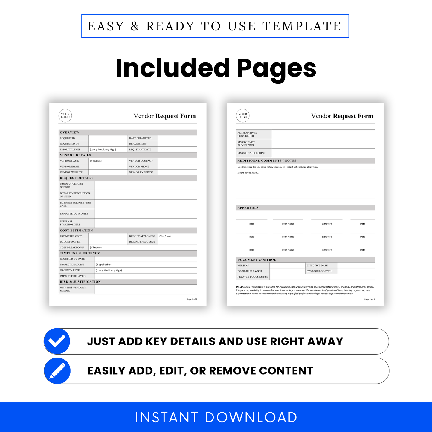 Editable Vendor Request Form template displaying both included pages in Word and PDF format, designed for easy customization and professional business documentation.