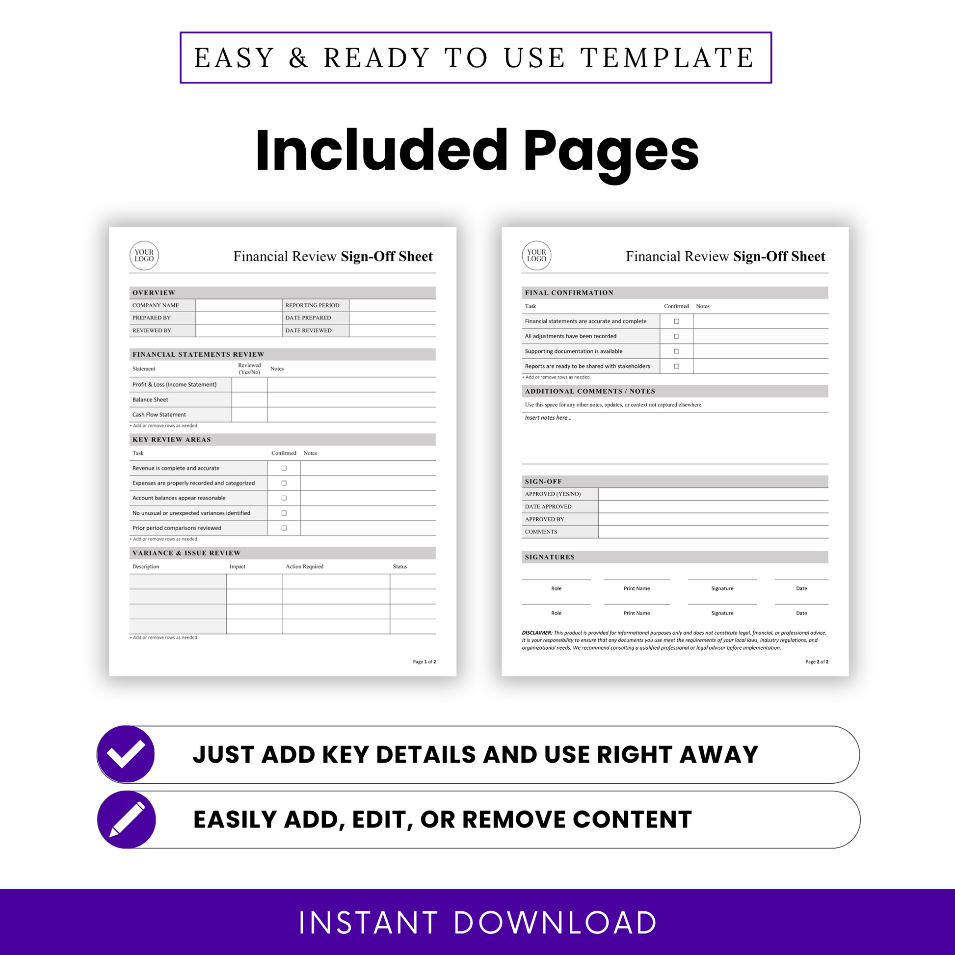 Two-page Financial Review Sign-Off Sheet template with structured accounting checklist, financial statements review, and audit tracking sections in Word and PDF formats.