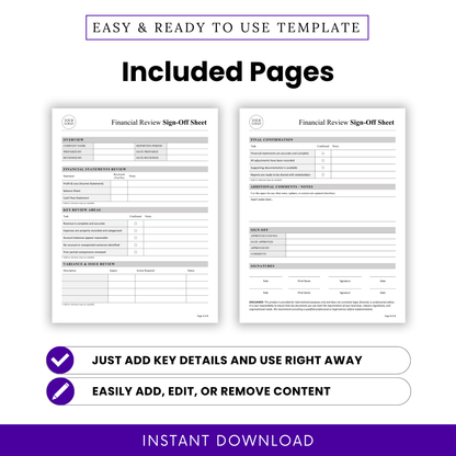 Two-page Financial Review Sign-Off Sheet template with structured accounting checklist, financial statements review, and audit tracking sections in Word and PDF formats.