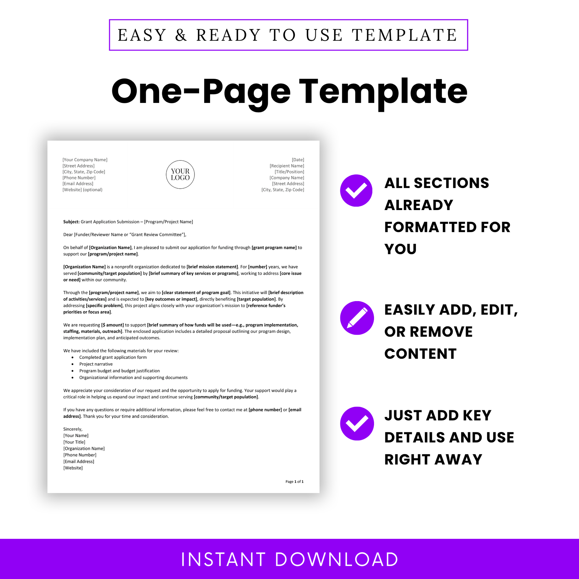 Editable Grant Submission Cover Letter Template displayed as a one-page layout with all sections pre-formatted for easy use. This printable Grant Cover Letter Template Word is ideal for nonprofits and small businesses needing a professional, ready-to-use funding application letter.