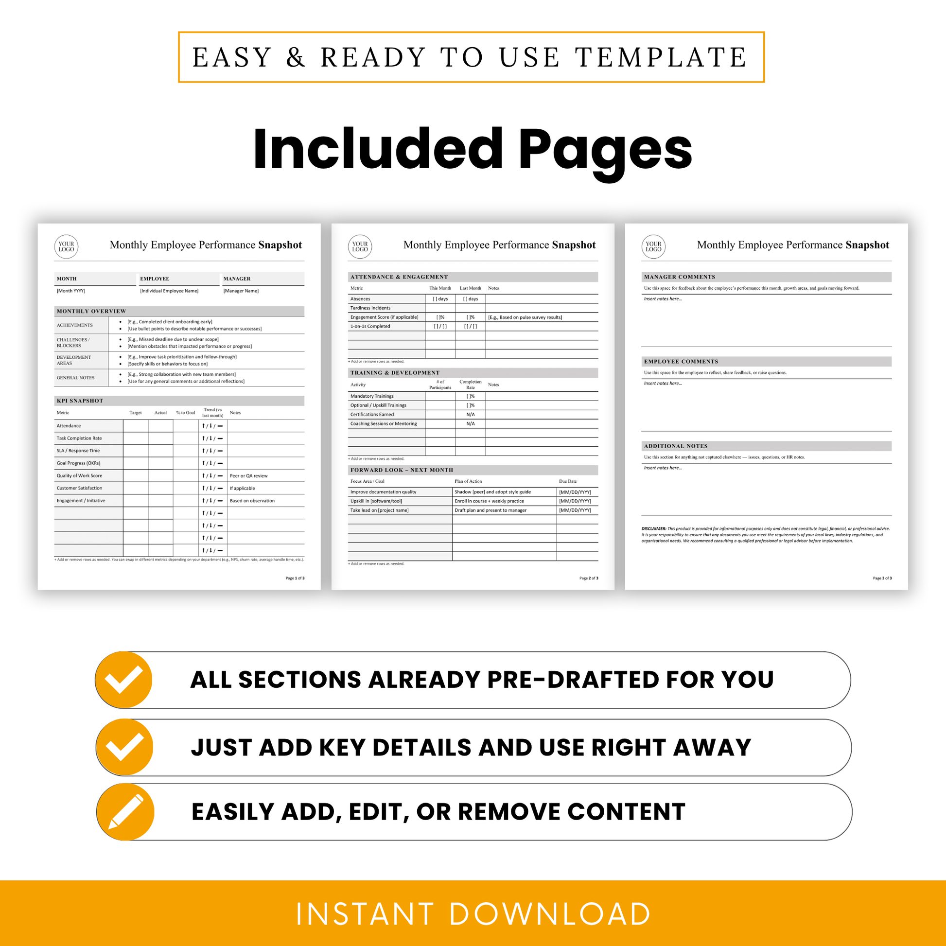 Editable employee performance review document with multiple pages including KPI snapshot, training and development tracker, and forward planning sections for teams