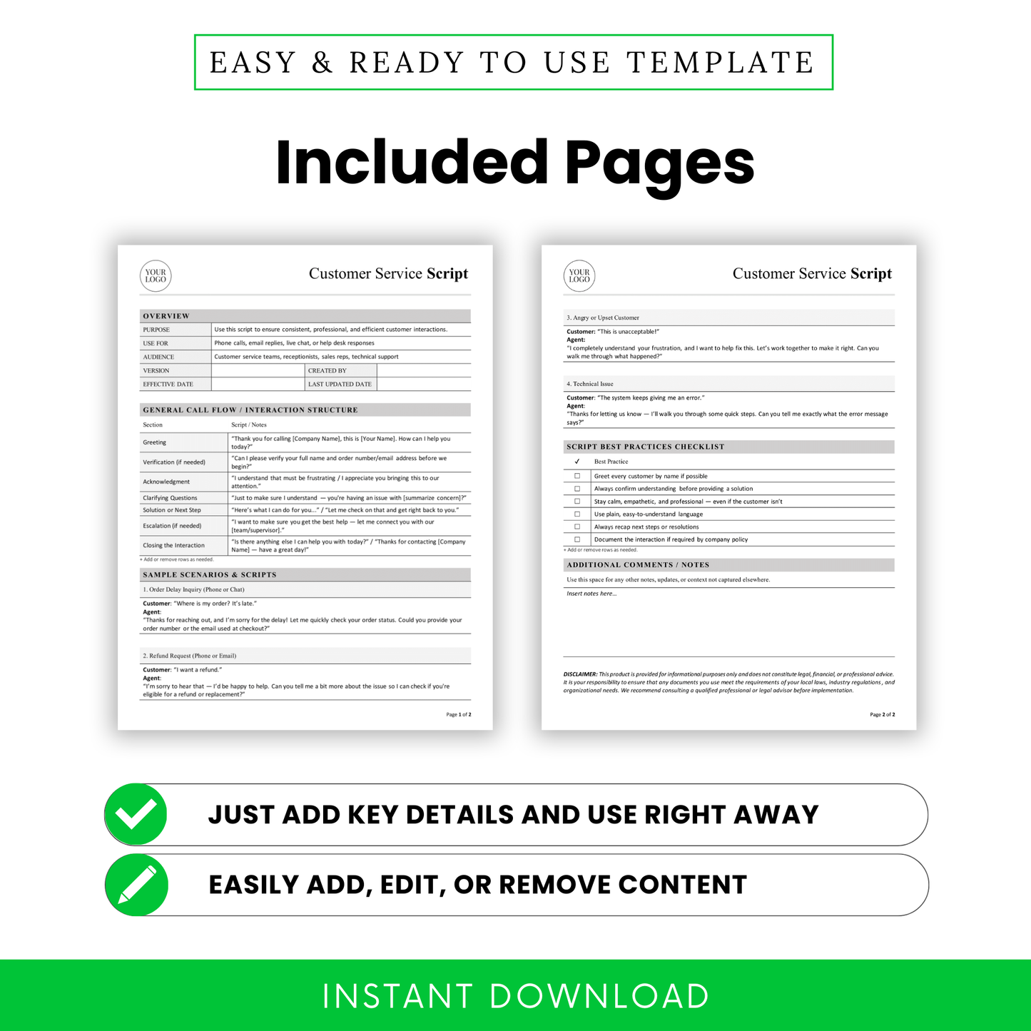 Editable customer service script template pages showing overview section, call flow structure, sample scenarios, and checklist for support teams and small businesses