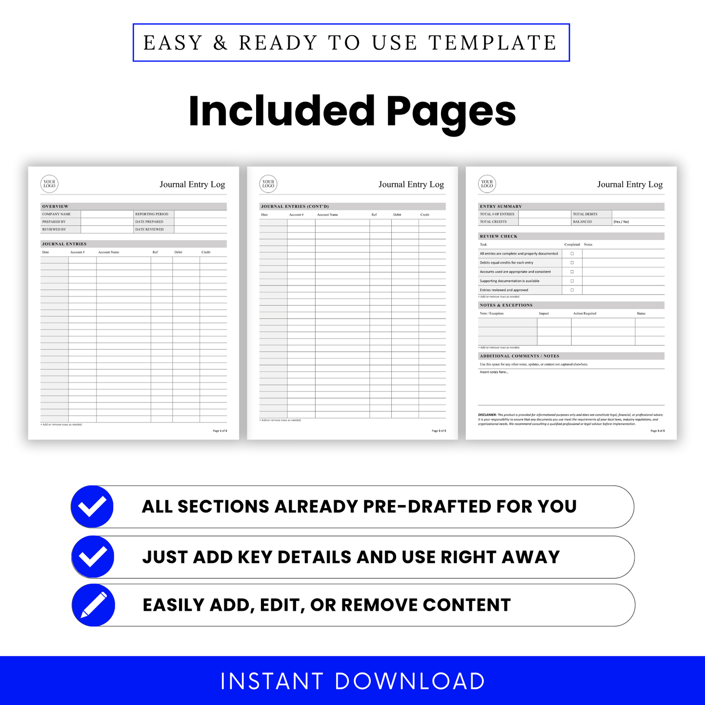 Journal entry log template pages preview including overview section, transaction log sheets, and financial summary page for bookkeeping and accounting records