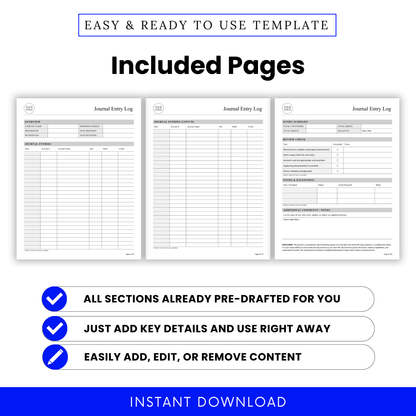 Journal entry log template pages preview including overview section, transaction log sheets, and financial summary page for bookkeeping and accounting records