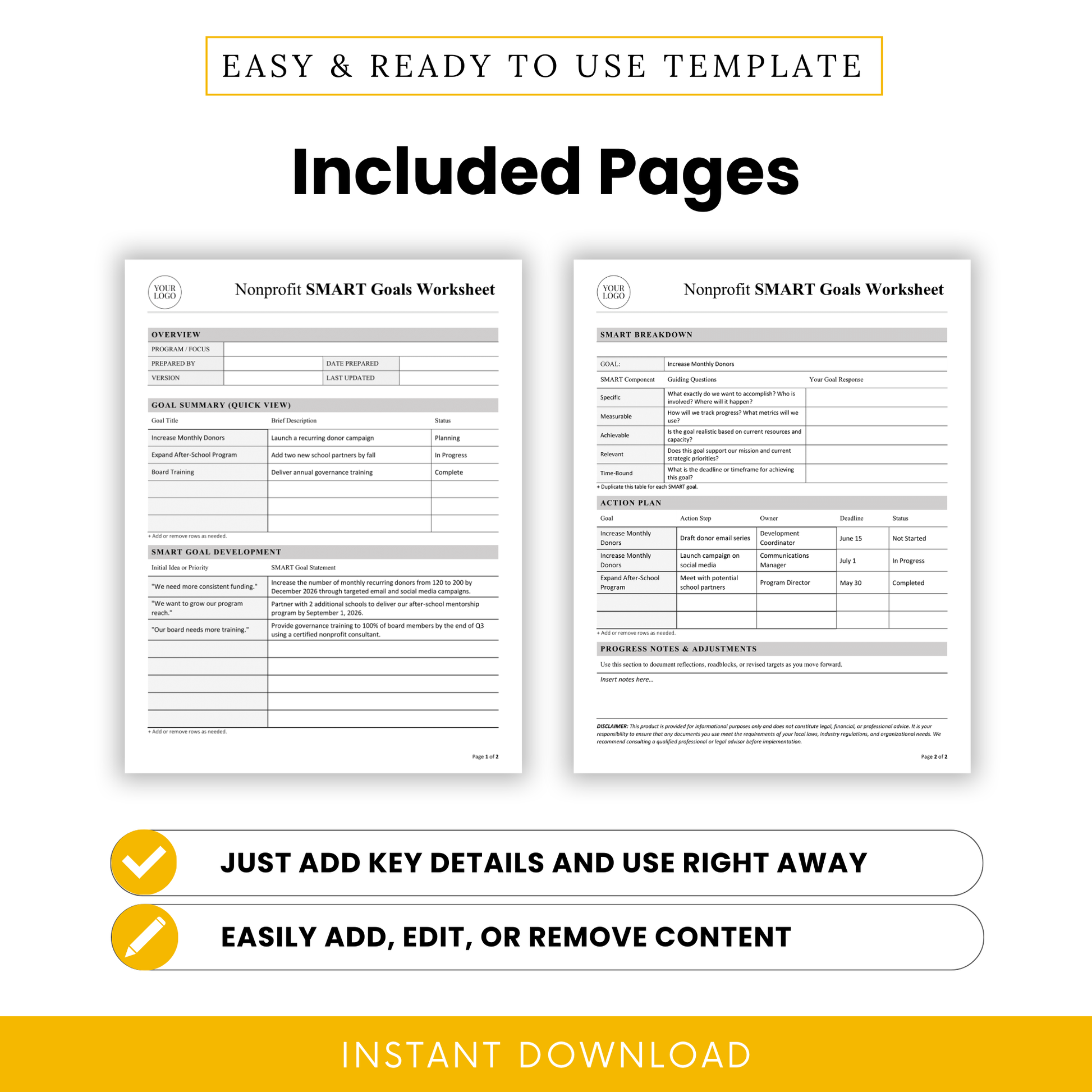 Nonprofit SMART goals worksheet two-page template showing overview section, goal summary table, SMART breakdown, action plan, and progress notes layout