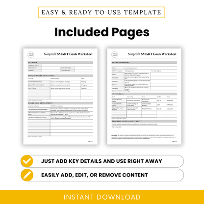 Nonprofit SMART goals worksheet two-page template showing overview section, goal summary table, SMART breakdown, action plan, and progress notes layout